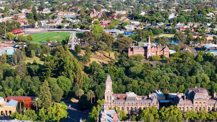 Bendigo Aerial Footage Panoramic View of Rosalind Park Gardens Poppet Head and Ovals Bendigo City Landmarks, Victoria 4K