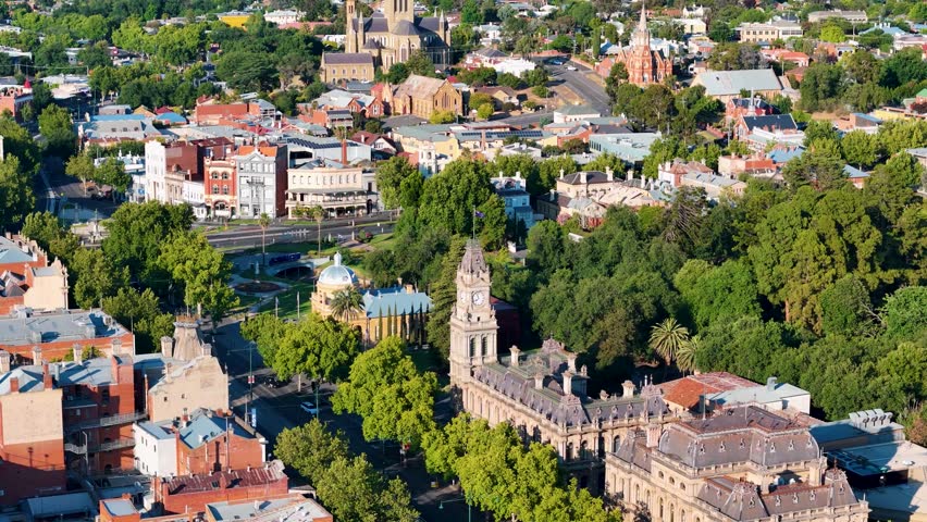 Bendigo Aerial Footage City Skyline and Lush Gardens of Rosalind Park Cathedral View Street Aerials, Victoria Australia 4K