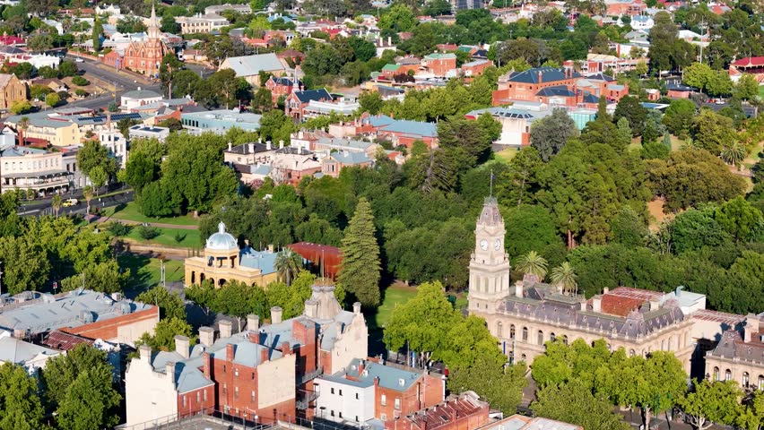 Bendigo Aerial Footage Central Business District Gardens Poppet Head Visitor Centre Rosalind Park 4K Panorama Victoria Australia