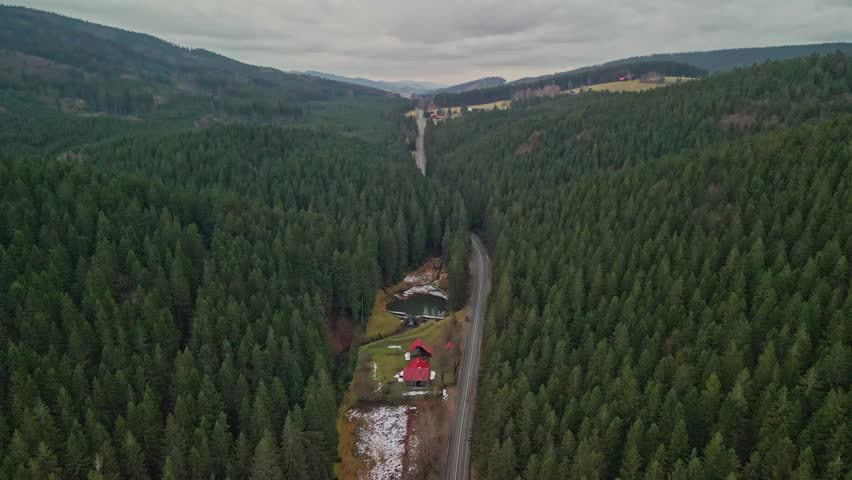 Aerial View Of Tranquil Mountain Retreat Surrounded By Coniferous Forest And Winding Pathways