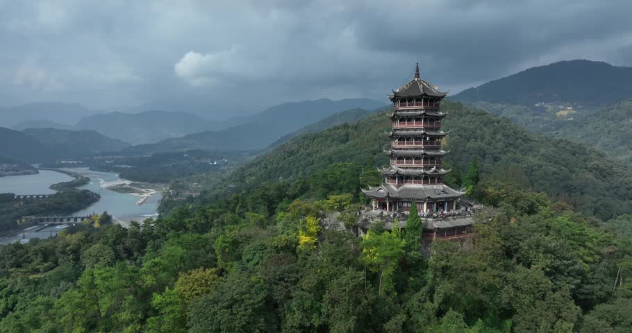 Aerial footage of landscape in dujiangyan, Sichuan province,China