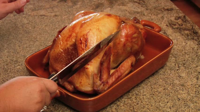 Thanksgiving Turkey being served roasted chicken and vegetables Christmas dinner Closeup 4k footage
