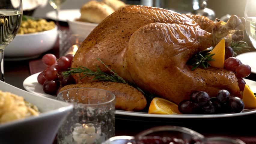 Closeup 4k footage of tasty roasted chicken stuffed turkey Christmas Holiday thanksgiving celebrate
