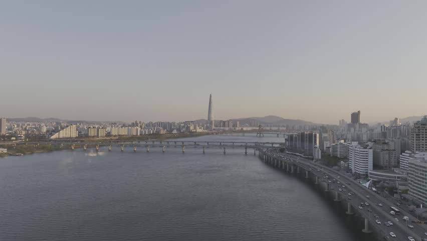 Aerial view of a stunning sunset over the Han River and Seoul skyline from Gwangjin-gu, South Korea