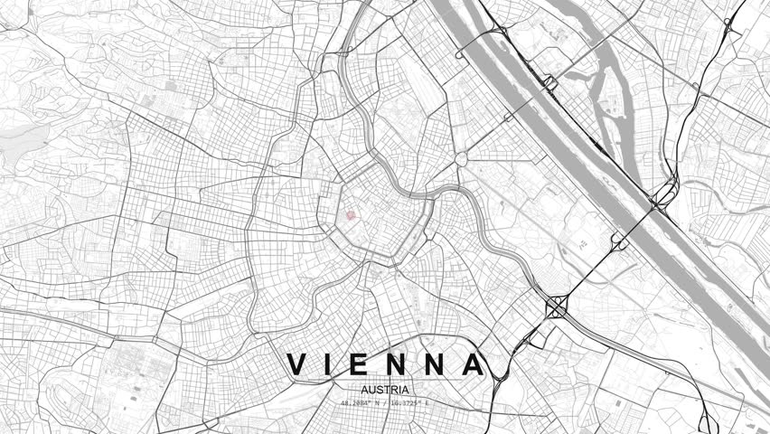A grayscale city map of Vienna, Austria shows a red location pin over the street network, with the river and urban layout visible in a clean graphic view