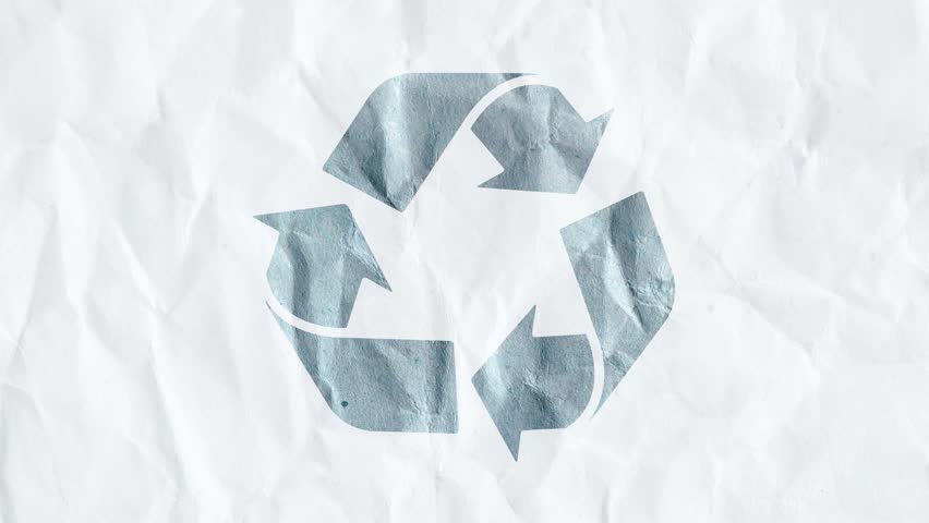 Recycling symbol animation shows paper texture background with eco loop sign. Recycling symbol animation displays sustainable waste management concept and environmental awareness motion graphic