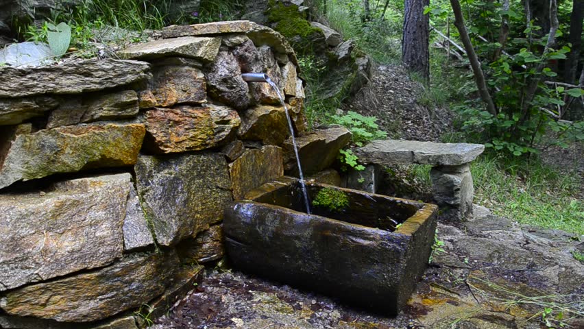 HD: Mineral Water Spring in Forest, Old Stone Ecological clean drink water tap