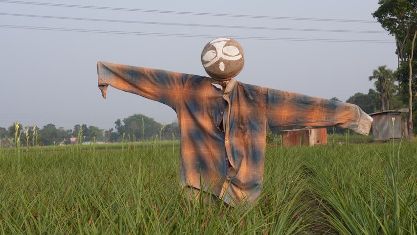 Scarecrow in a field to frighten birds away from crops	