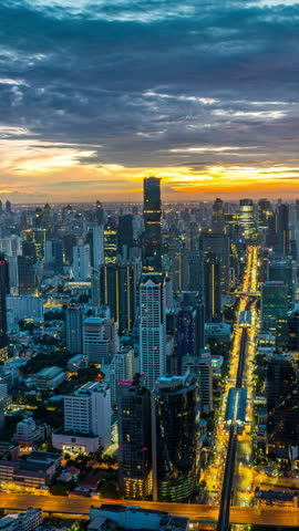 Aerial view of cityscape and traffic in Bangkok, Thailand.