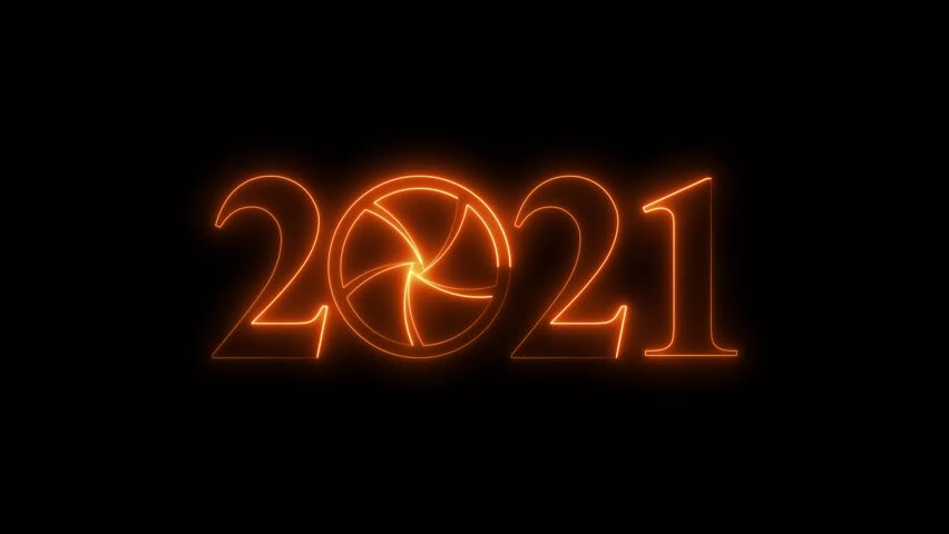 2021 Camera Shutter Animation, Glowing Photography Lens Aperture Year Text Technology Media Intro Seamless Loop Background