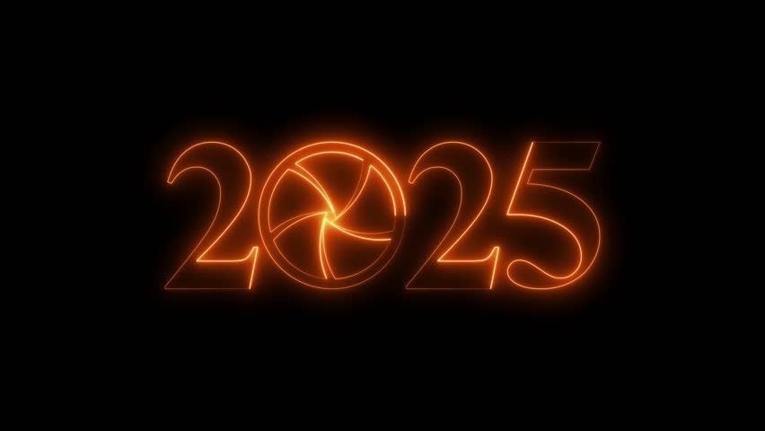 2025 Camera Shutter Animation, Glowing Photography Lens Aperture Year Text Technology Media Intro Seamless Loop Background