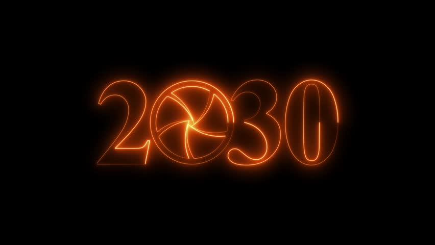 2030 Camera Shutter Animation, Glowing Photography Lens Aperture Year Text Technology Media Intro Seamless Loop Background