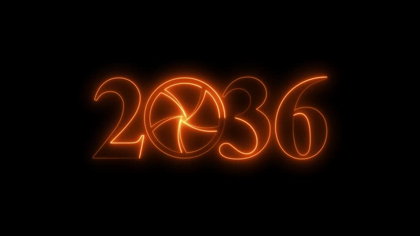 Orange 2036 Camera Shutter Animation, Glowing Photography Lens Aperture Year Text Technology Media Intro Seamless Loop Background