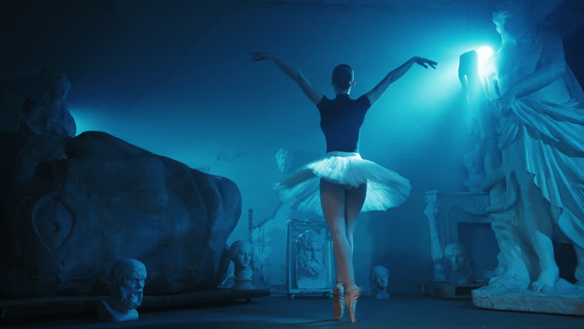 Back view of beautiful woman in white tutu and pointe shoes, slow motion. Gorgeous ballet dancer dancing in darkness, graceful female silhouette in dark museum hall, talented ballet dancer rehearsing