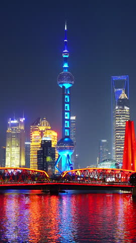 Scenic of Shanghai city and Huangpu river at night, China.
