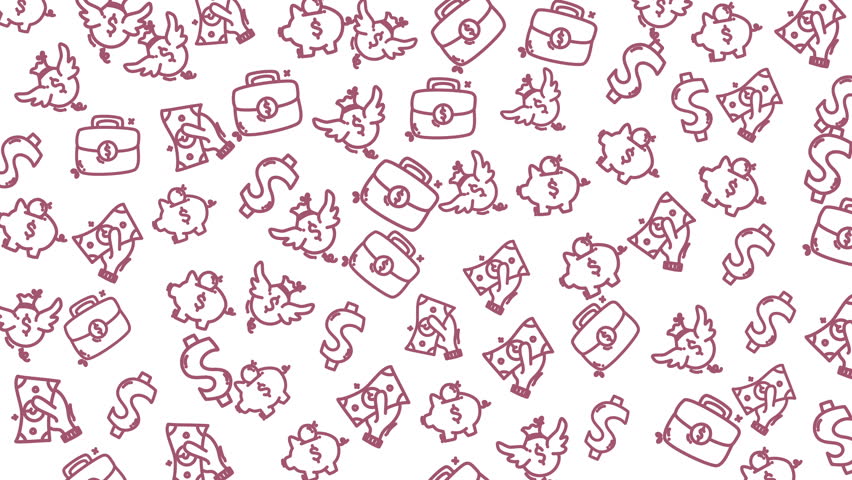 Pink lines draw whimsical money symbols and briefcases. Chickens, pigs, and birds carry cash and wallets. Symbols dance across a clean white background