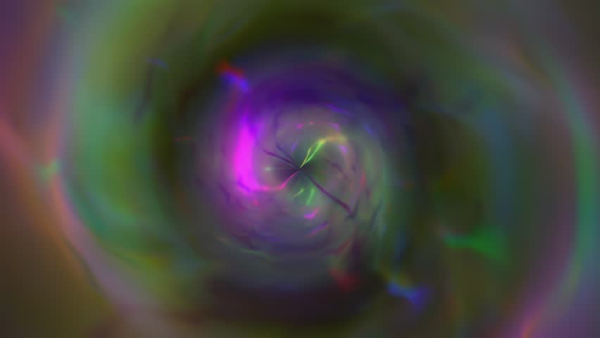Abstract dark green vortex tunnel with glowing radial core, soft purple and magenta chromatic haze, glossy optical distortion and smooth circular motion, moody futuristic portal background with luminous depth, atmospheric blur and immersive sci fi energy around a shadowy center