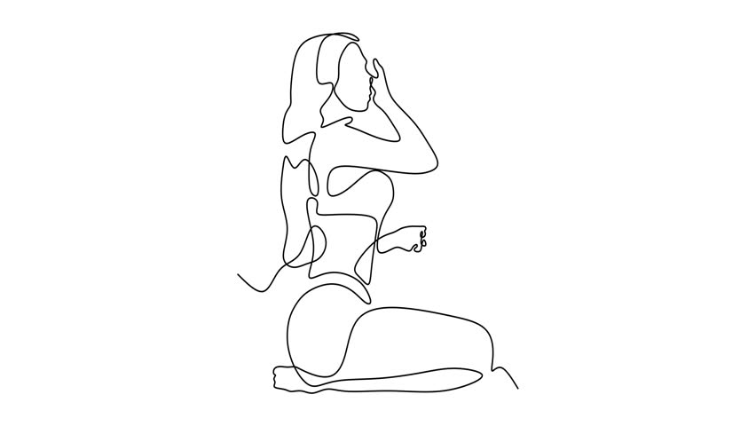 Animated self drawing of continuous line draw of  Woman on the beach resting, enjoying summer time  Full length one line animation. 4K