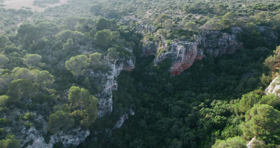 Drone footage captures a scenic canyon and lush torrent leading to the picturesque Cala Pi beach on the island of Mallorca, Spain. Natural beauty for authentic storytelling.