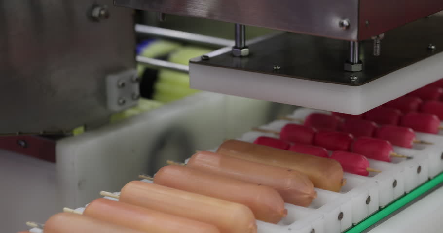 Semi finished sausages on sticks pass through industrial processing machine in factory. Automated meat production stage with modern equipment in food manufacturing industry.