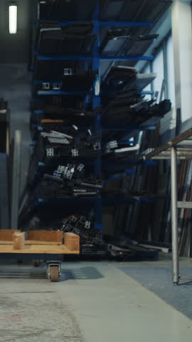 Warehouse worker in a safety vest holding and stretching his painful lower back after carrying and lowering a heavy cardboard box. Vertical video