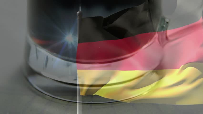 German tricolor flag waving centrally in studio, overlay shifting blending beer branding foam. Pennant, ensign, banner, glass, mug, head, composite