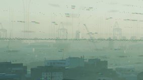 Vertical video: Appearing at right edge, orb growing then fading over hazy harbor, implying glitch. Iridescent, abstract, cityscape, waterfront, cranes, boats, rainbow - Powered by Shutterstock - Get 15% off with code: PIKWIZARD15