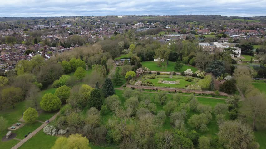 Aerial drone flight over the historic Canons Park in Stanmore, North London, featuring the ornate King George V Memorial Garden.