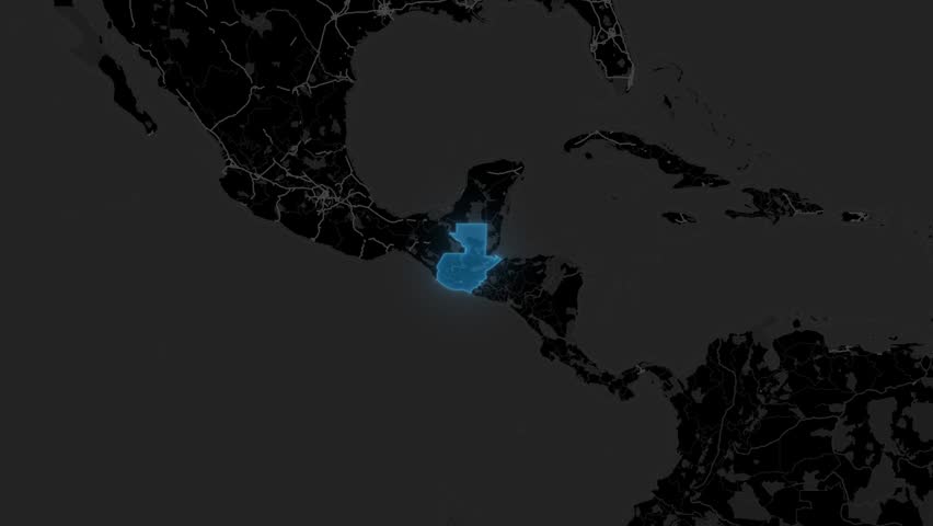 Stylized Blue Neon Glow Map Zoom In Animation on Dark Digital Background - Guatemala