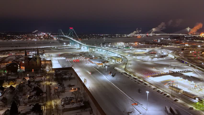 Customs terminal for the Ambassador Bridge spanning Detroit River, connecting commerce between USA and Canada