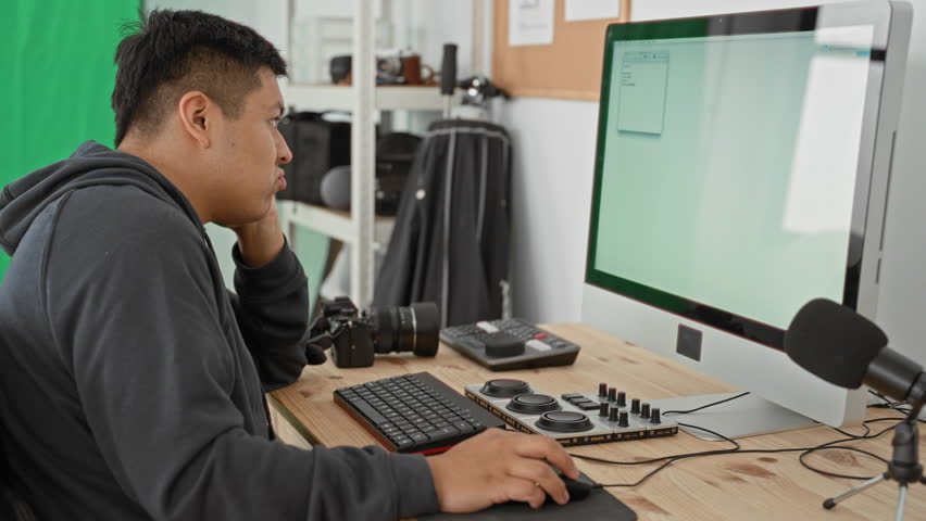 Man with hand on chin at desk using computer and camera gear in studio, scrolling mouse; quiet concentration.