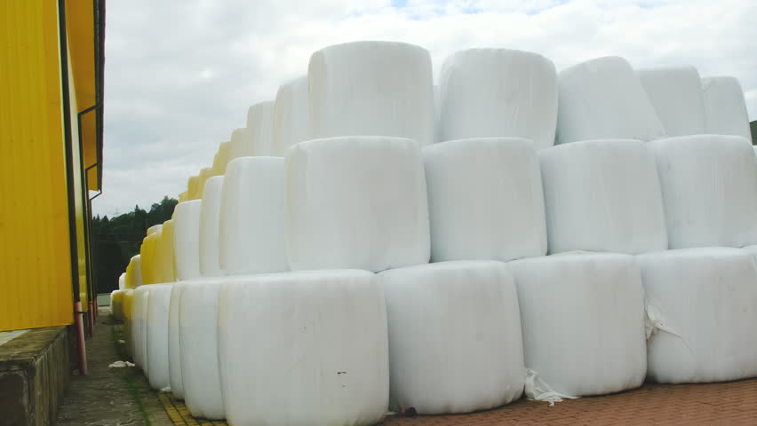 Huge plastic bales of silage arranged in stack at farm storage. Haylage supplies for livestock feeding near yellow building. Agriculture