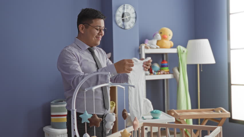 Man holding a striped baby onesie above a wooden crib in a blue nursery room filled with plush toys, a hanging mobile, shelf, lamp and clock in building; tenderness bonding.