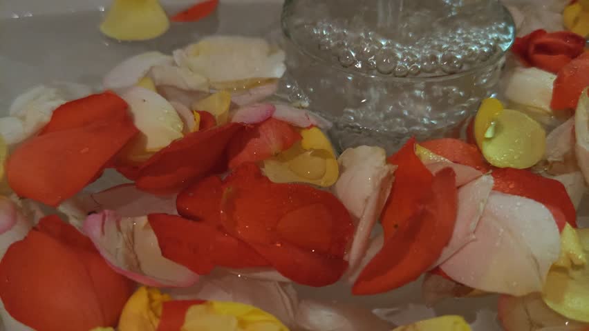 A multitude of multi-colored rose petals and flowing water with air bubbles large