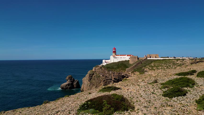 Aerial View on Lighthouse of Cape St. Vincent Algarve Portugal, moving up