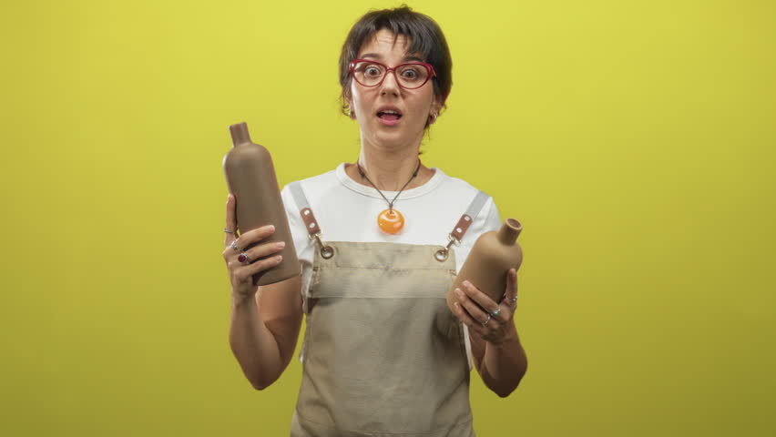 Woman holding two ceramic vases with hands visible, grimacing while wearing apron, red glasses and a pendant in a studio; disgust.