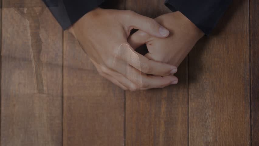 Exec hands shifting on wood table awaiting business meeting as animated overlay drifts beside hands. Overhead, forearms, tabletop, minimalist, professional, anticipation, shadow