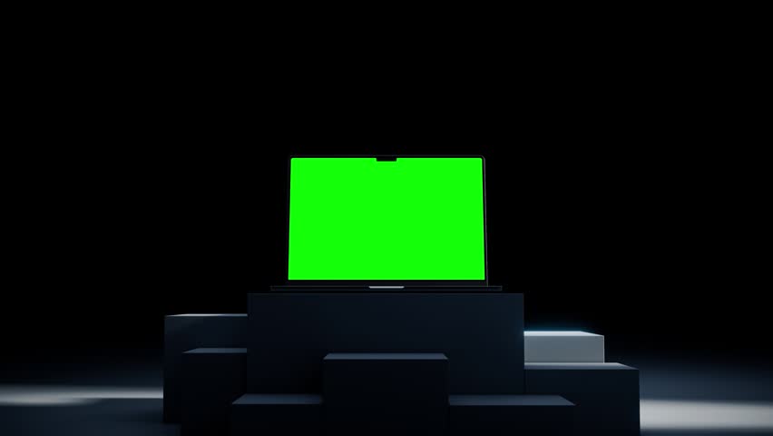 Laptop green screen mockup with blank display on geometric pedestal. Tracking clip included