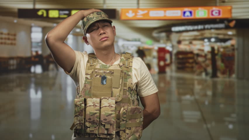 Man soldier in military uniform wearing camouflage cap and tactical vest touches head with hand and dogtag visible in airport terminal; uncertainty duty.
