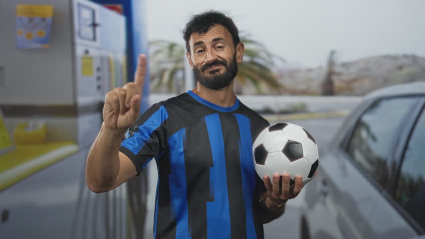 Man in blue soccer uniform holds soccer ball and points finger on street near car and fuel pump; confidence.