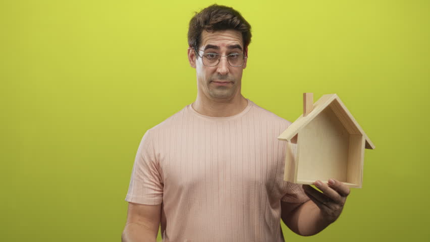 Man holds small wooden house prop, points index finger and smiles in studio with green backdrop; confidence trust.