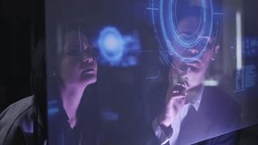 A professional man interacts with a high-tech circular data interface on a large digital screen, featuring graphs and data elements in a glowing blue theme. - Powered by Shutterstock - Get 15% off with code: PIKWIZARD15
