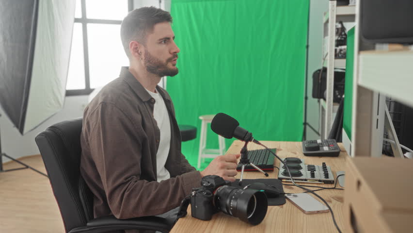 Man holding camera and inspecting lens while seated at desk with microphone and green screen in studio; concentration.