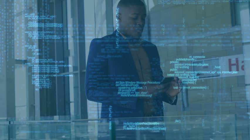 Man getting alert, raising phone, checking updates while tech overlay flowing over man and railing. Professional, executive, atrium, device, code, blue, glass
