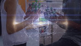 Male, female teens reaching molecular model causing pulsing hologram while assembling for science. Students, collaboration, chemistry, atom, holographic, globe, workspace - Powered by Shutterstock - Get 15% off with code: PIKWIZARD15
