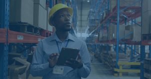 Warehouse lead scanning shelves, tapping tablet and generating AR charts updating inventory via PC. Industrial, logistics, analytics, collaboration, data, automation, teamwork - Powered by Shutterstock - Get 15% off with code: PIKWIZARD15