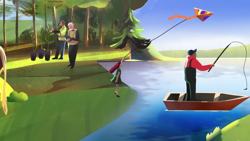 People Fishing in River with Boat in Natural Outdoor Setting