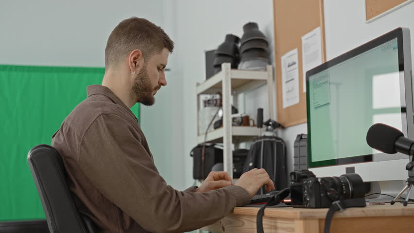Man photographer typing on keyboard at computer desk in studio with green screen, camera and microphone; focused concentration.