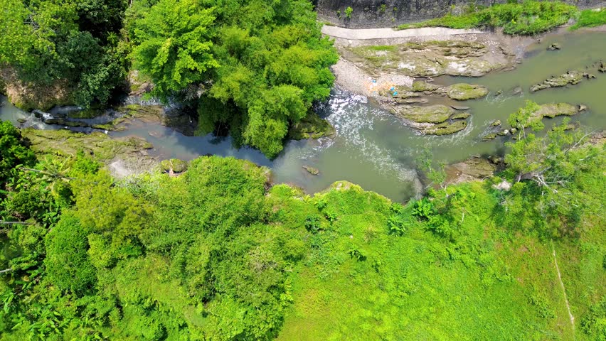 Tropical river aerial, lush forest landscape with natural stream and green environment