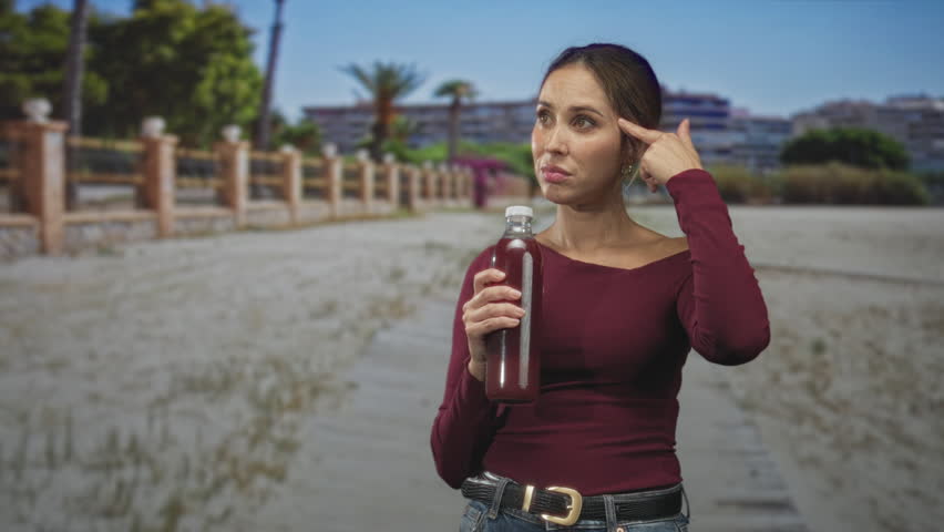 Woman holding a bottle of pomegranate juice on a street promenade, finger to temple gesture; contemplative wellness.